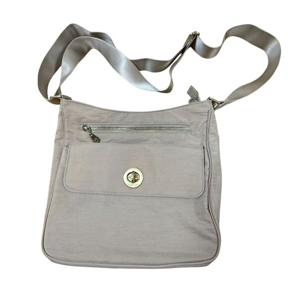 Baggallini Antalya Top Zip Flap Crossbody Bag Purse Kiss Lock Tan Beige Stone - Picture 1 of 6